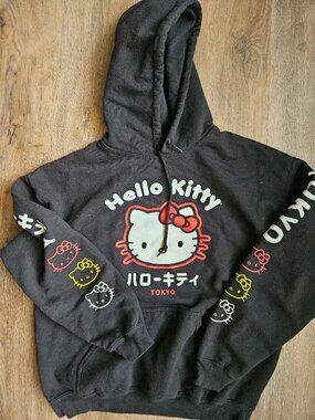 Hello Kitty Sanrio Hoodie Black Tokyo Sleeve Print Katakana Women's L Y2K Style